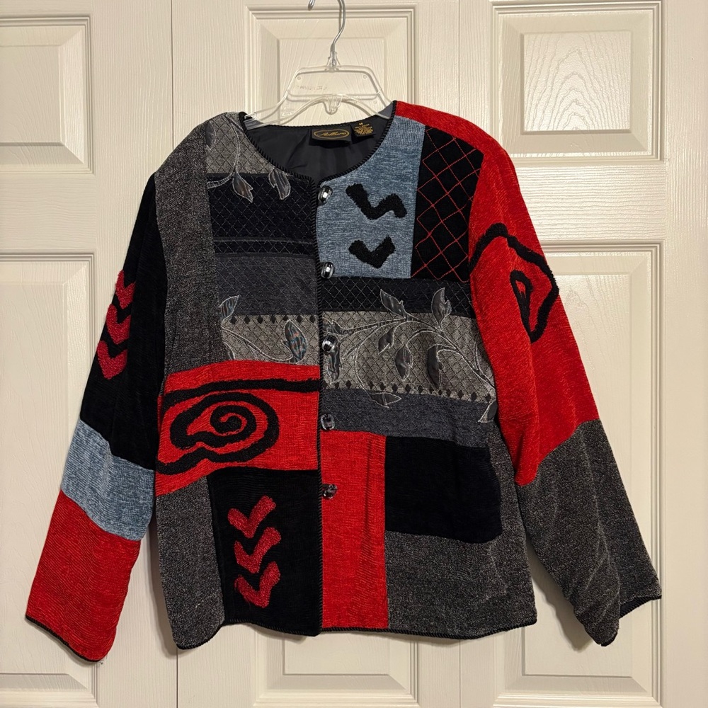 Vintage Allure patchwork jacket Cottagecore art multicolor 100% Rayon Abstract M